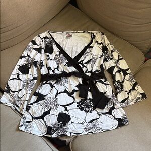 Black & White Floral Wrap Blouse with Tie Waist